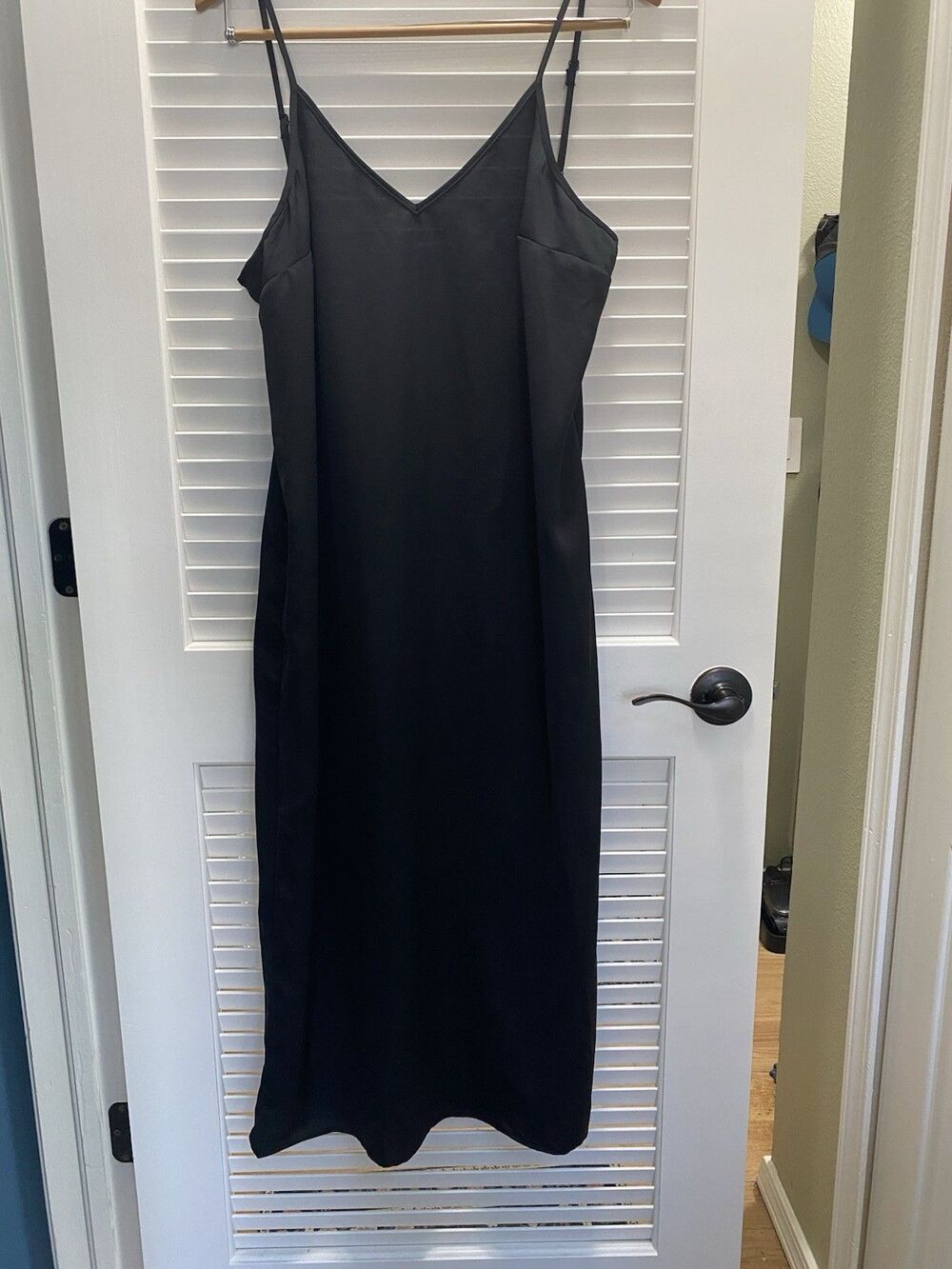 A New Day Black Satin V-Neck Slip Midi Dress Side Slit Size L Minimalist